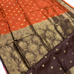 Women's Rust Orange Jacquard Woven Saree with Gold Zari Butti, Brown Border & Rich Designer Pallu