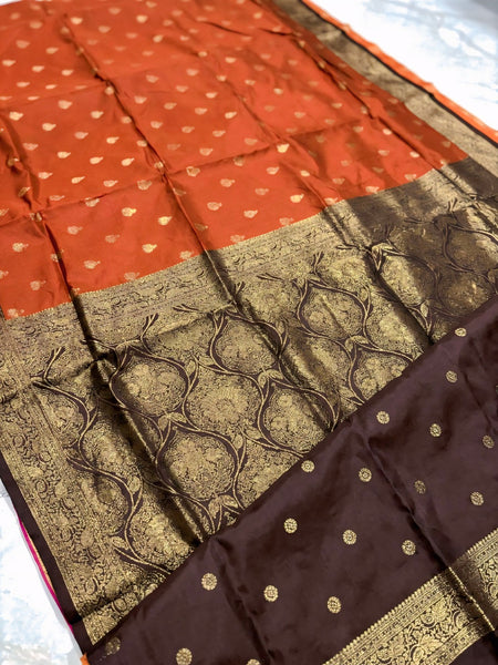 Women's Rust Orange Jacquard Woven Saree with Gold Zari Butti, Brown Border & Rich Designer Pallu
