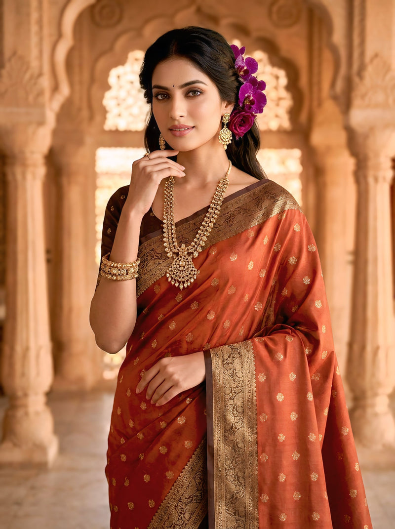 Women's Rust Orange Jacquard Woven Saree with Gold Zari Butti, Brown Border & Rich Designer Pallu