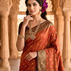 Women's Rust Orange Jacquard Woven Saree with Gold Zari Butti, Brown Border & Rich Designer Pallu