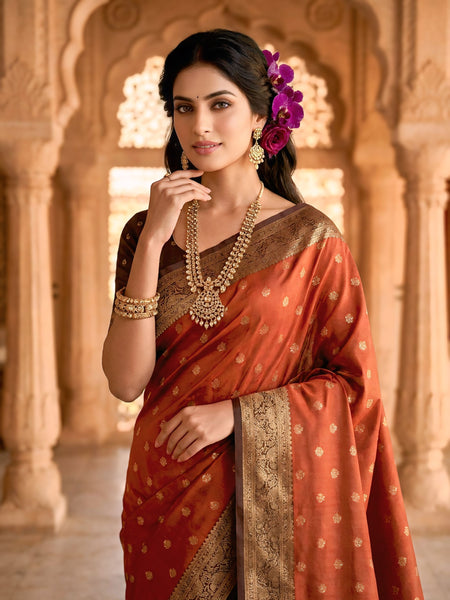 Women's Rust Orange Jacquard Woven Saree with Gold Zari Butti, Brown Border & Rich Designer Pallu