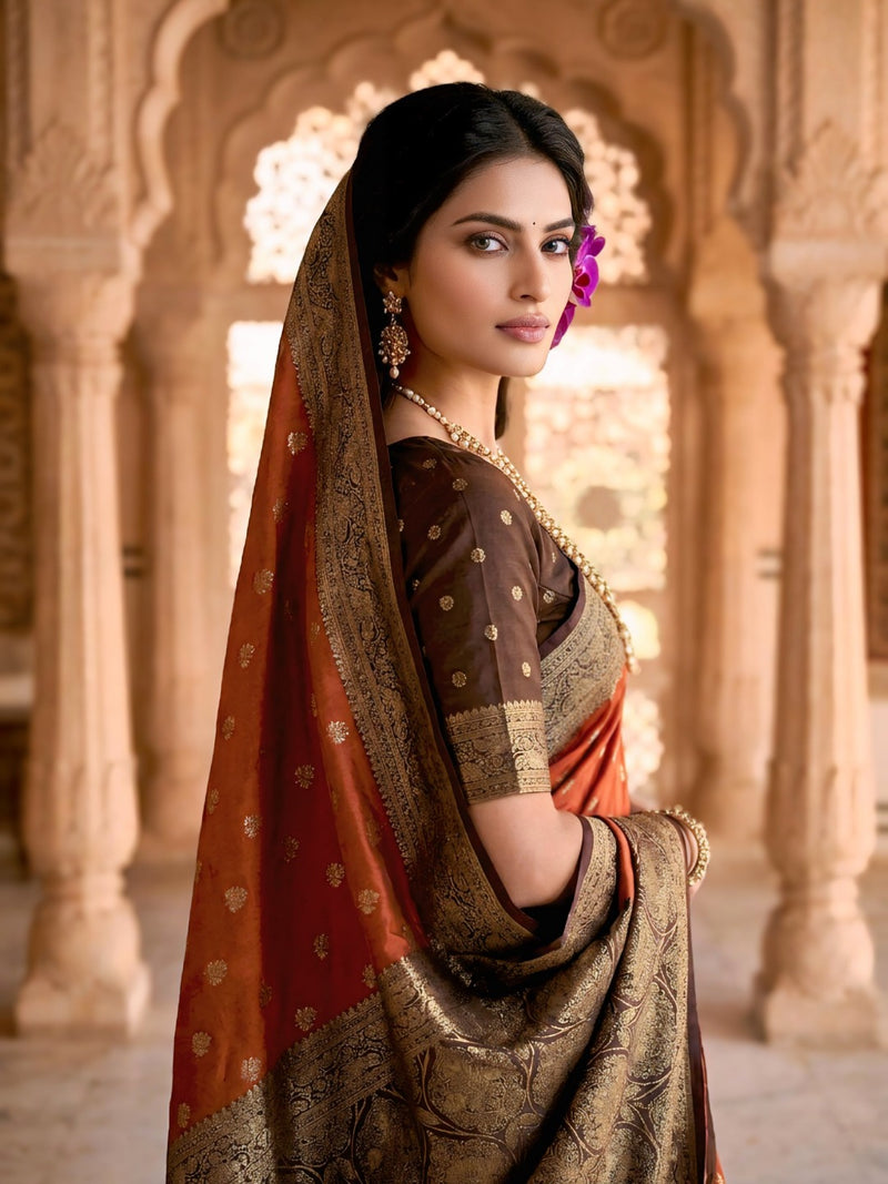 Women's Rust Orange Jacquard Woven Saree with Gold Zari Butti, Brown Border & Rich Designer Pallu