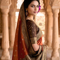 Women's Rust Orange Jacquard Woven Saree with Gold Zari Butti, Brown Border & Rich Designer Pallu