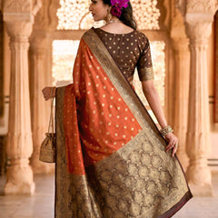 Women's Rust Orange Jacquard Woven Saree with Gold Zari Butti, Brown Border & Rich Designer Pallu