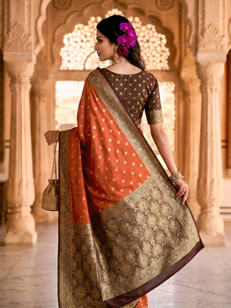 Women's Rust Orange Jacquard Woven Saree with Gold Zari Butti, Brown Border & Rich Designer Pallu
