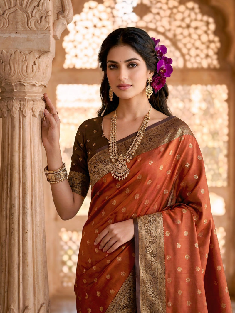 Women's Rust Orange Jacquard Woven Saree with Gold Zari Butti, Brown Border & Rich Designer Pallu