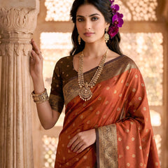 Women's Rust Orange Jacquard Woven Saree with Gold Zari Butti, Brown Border & Rich Designer Pallu