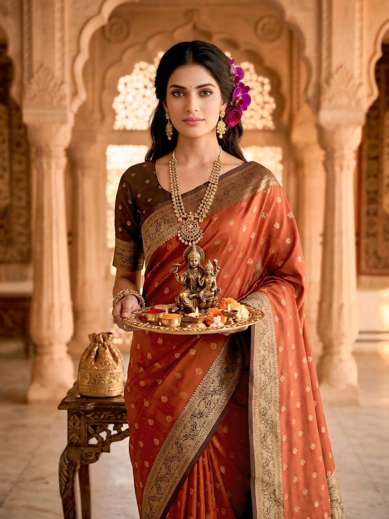 Women's Rust Orange Jacquard Woven Saree with Gold Zari Butti, Brown Border & Rich Designer Pallu