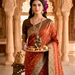 Women's Rust Orange Jacquard Woven Saree with Gold Zari Butti, Brown Border & Rich Designer Pallu