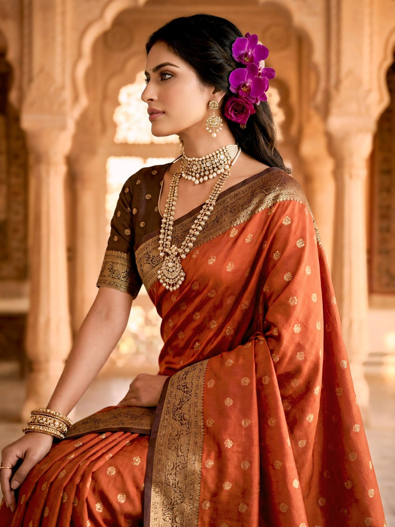 Women's Rust Orange Jacquard Woven Saree with Gold Zari Butti, Brown Border & Rich Designer Pallu