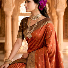 Women's Rust Orange Jacquard Woven Saree with Gold Zari Butti, Brown Border & Rich Designer Pallu