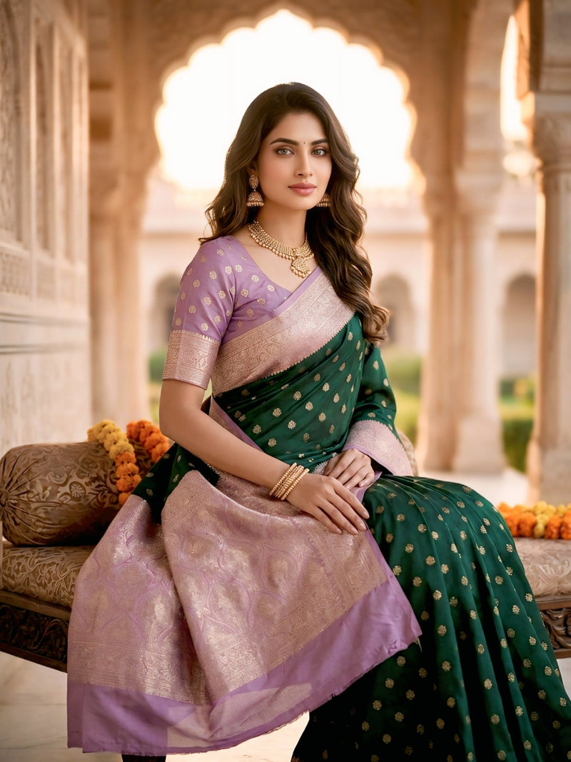 Women's Bottle Green Jacquard Woven Saree with Gold Zari Butti, Lavender Border & Rich Woven Pallu