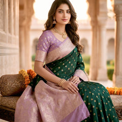 Women's Bottle Green Jacquard Woven Saree with Gold Zari Butti, Lavender Border & Rich Woven Pallu