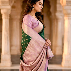 Women's Bottle Green Jacquard Woven Saree with Gold Zari Butti, Lavender Border & Rich Woven Pallu
