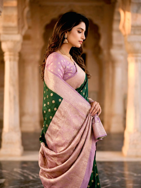 Women's Bottle Green Jacquard Woven Saree with Gold Zari Butti, Lavender Border & Rich Woven Pallu