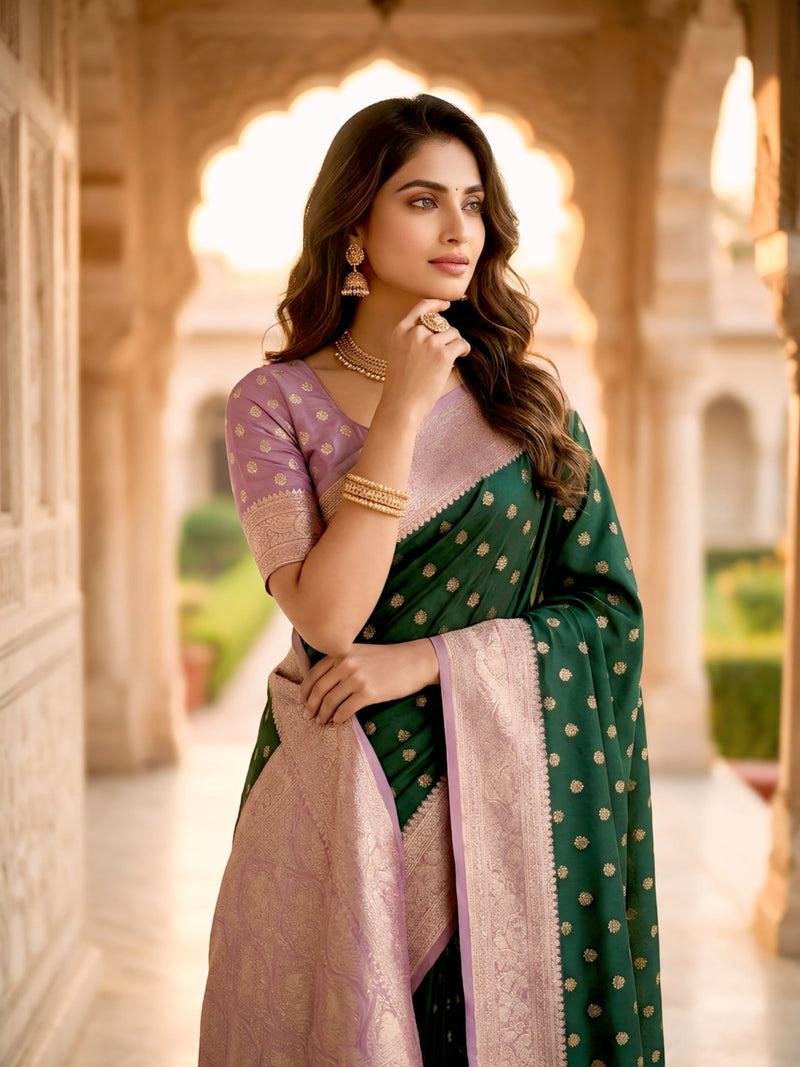 Women's Bottle Green Jacquard Woven Saree with Gold Zari Butti, Lavender Border & Rich Woven Pallu