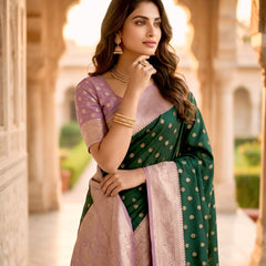 Women's Bottle Green Jacquard Woven Saree with Gold Zari Butti, Lavender Border & Rich Woven Pallu