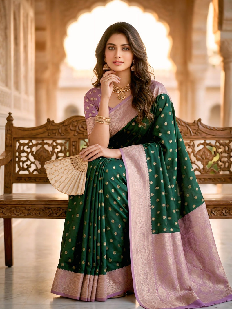 Women's Bottle Green Jacquard Woven Saree with Gold Zari Butti, Lavender Border & Rich Woven Pallu