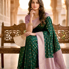 Women's Bottle Green Jacquard Woven Saree with Gold Zari Butti, Lavender Border & Rich Woven Pallu