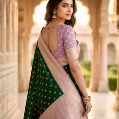 Women's Bottle Green Jacquard Woven Saree with Gold Zari Butti, Lavender Border & Rich Woven Pallu