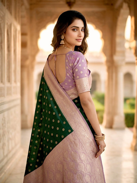 Women's Bottle Green Jacquard Woven Saree with Gold Zari Butti, Lavender Border & Rich Woven Pallu