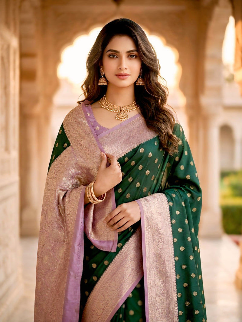 Women's Bottle Green Jacquard Woven Saree with Gold Zari Butti, Lavender Border & Rich Woven Pallu