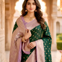Women's Bottle Green Jacquard Woven Saree with Gold Zari Butti, Lavender Border & Rich Woven Pallu
