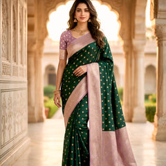 Women's Bottle Green Jacquard Woven Saree with Gold Zari Butti, Lavender Border & Rich Woven Pallu