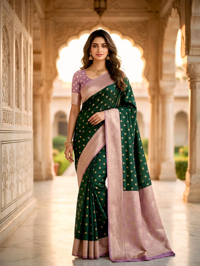 Women's Bottle Green Jacquard Woven Saree with Gold Zari Butti, Lavender Border & Rich Woven Pallu