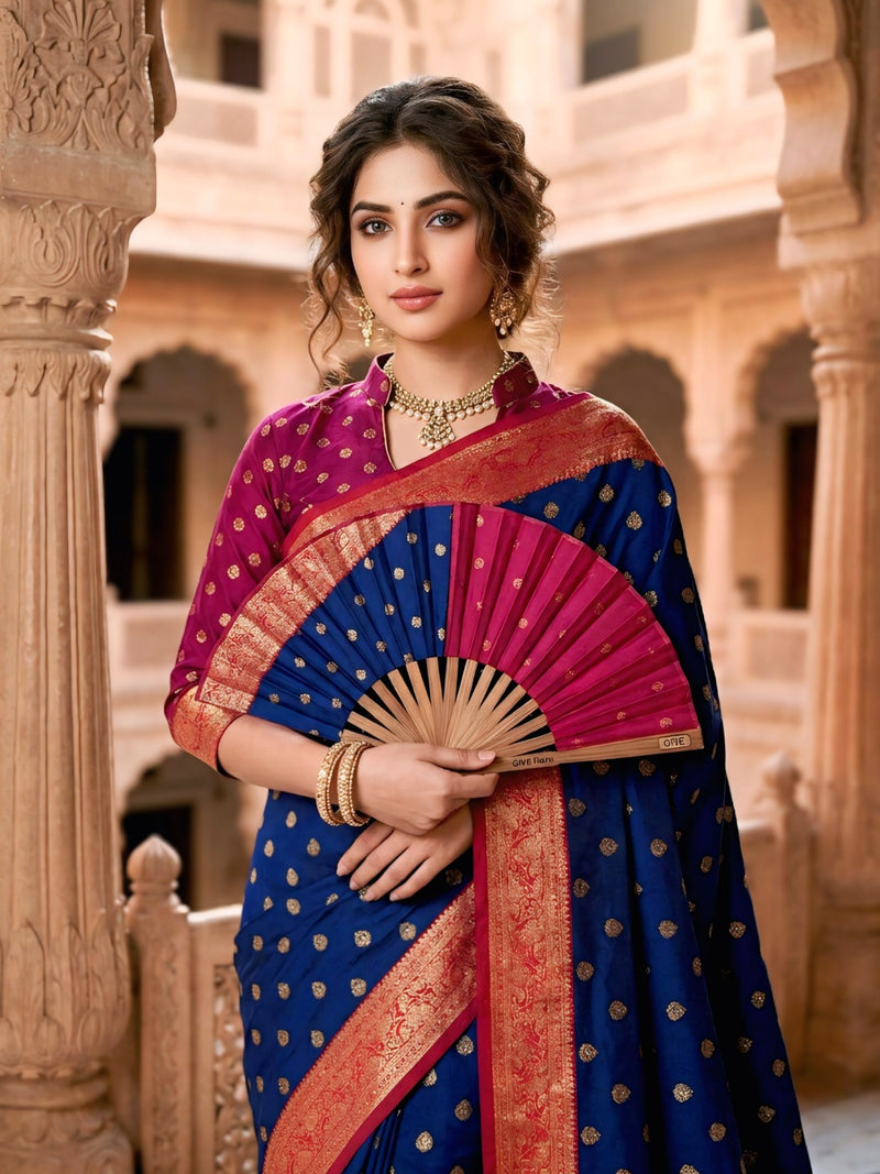 Women's Royal Blue Jacquard Woven Saree with Gold Zari Butti, Rani Pink Border & Rich Designer Pallu