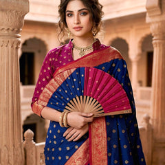 Women's Royal Blue Jacquard Woven Saree with Gold Zari Butti, Rani Pink Border & Rich Designer Pallu