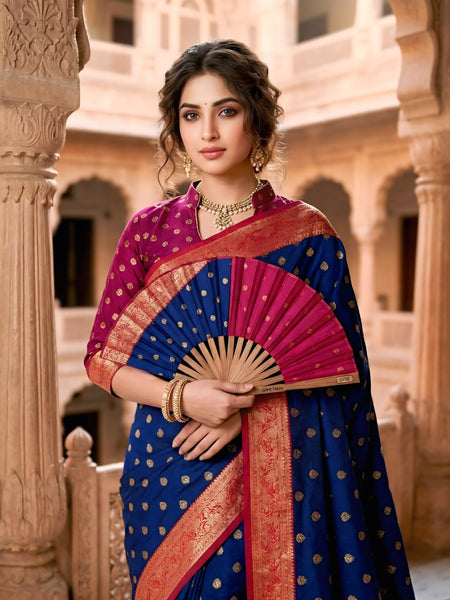 Women's Royal Blue Jacquard Woven Saree with Gold Zari Butti, Rani Pink Border & Rich Designer Pallu