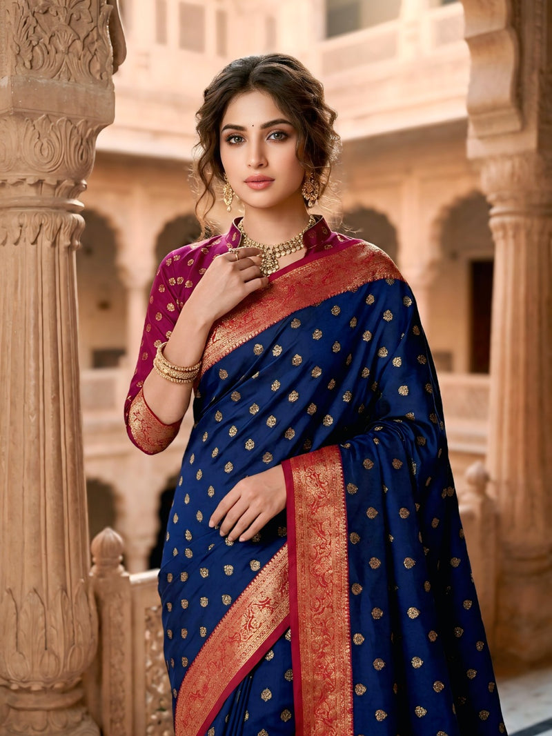 Women's Royal Blue Jacquard Woven Saree with Gold Zari Butti, Rani Pink Border & Rich Designer Pallu