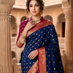 Women's Royal Blue Jacquard Woven Saree with Gold Zari Butti, Rani Pink Border & Rich Designer Pallu