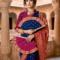 Women's Royal Blue Jacquard Woven Saree with Gold Zari Butti, Rani Pink Border & Rich Designer Pallu