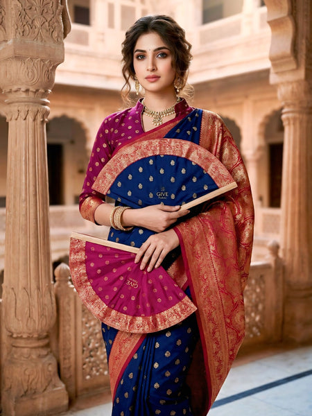 Women's Royal Blue Jacquard Woven Saree with Gold Zari Butti, Rani Pink Border & Rich Designer Pallu