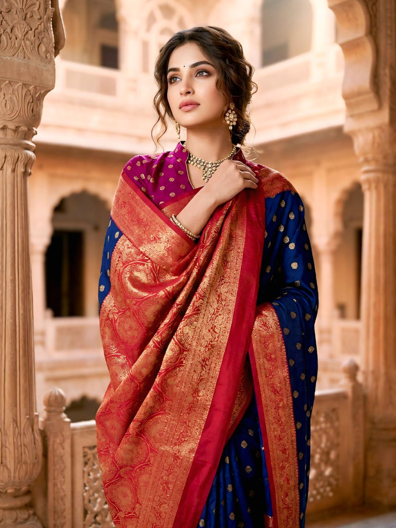 Women's Royal Blue Jacquard Woven Saree with Gold Zari Butti, Rani Pink Border & Rich Designer Pallu