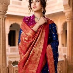 Women's Royal Blue Jacquard Woven Saree with Gold Zari Butti, Rani Pink Border & Rich Designer Pallu