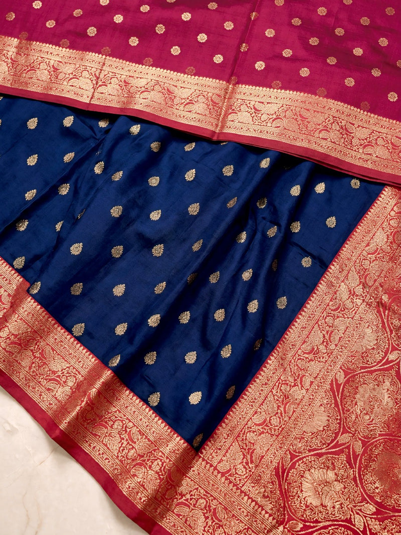 Women's Royal Blue Jacquard Woven Saree with Gold Zari Butti, Rani Pink Border & Rich Designer Pallu