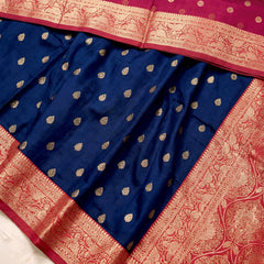 Women's Royal Blue Jacquard Woven Saree with Gold Zari Butti, Rani Pink Border & Rich Designer Pallu
