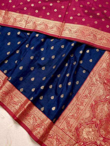 Women's Royal Blue Jacquard Woven Saree with Gold Zari Butti, Rani Pink Border & Rich Designer Pallu