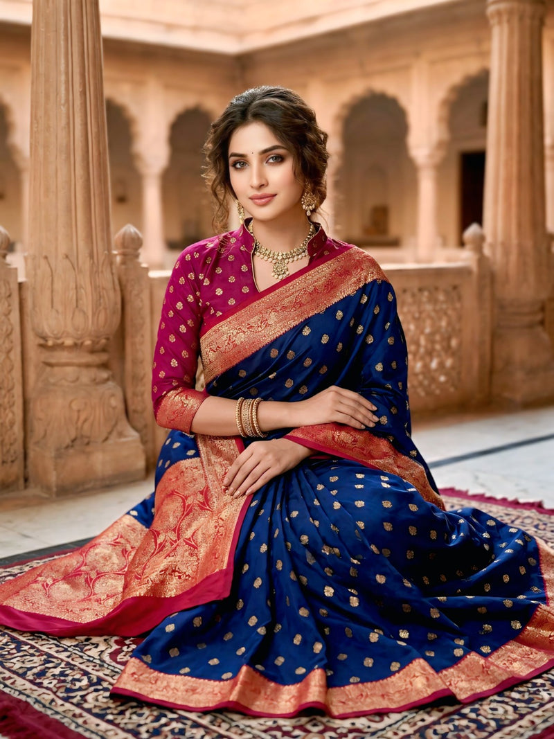 Women's Royal Blue Jacquard Woven Saree with Gold Zari Butti, Rani Pink Border & Rich Designer Pallu
