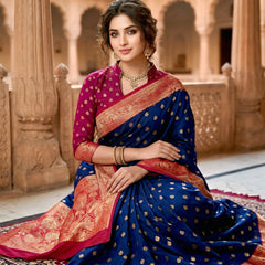 Women's Royal Blue Jacquard Woven Saree with Gold Zari Butti, Rani Pink Border & Rich Designer Pallu