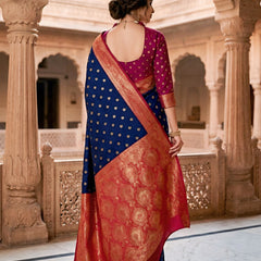 Women's Royal Blue Jacquard Woven Saree with Gold Zari Butti, Rani Pink Border & Rich Designer Pallu