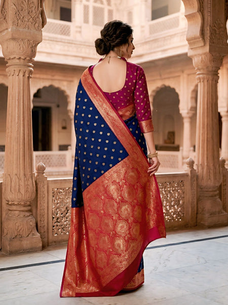 Women's Royal Blue Jacquard Woven Saree with Gold Zari Butti, Rani Pink Border & Rich Designer Pallu