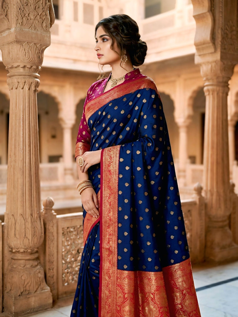 Women's Royal Blue Jacquard Woven Saree with Gold Zari Butti, Rani Pink Border & Rich Designer Pallu