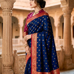 Women's Royal Blue Jacquard Woven Saree with Gold Zari Butti, Rani Pink Border & Rich Designer Pallu