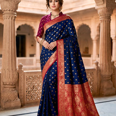 Women's Royal Blue Jacquard Woven Saree with Gold Zari Butti, Rani Pink Border & Rich Designer Pallu