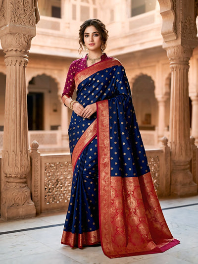 Women's Royal Blue Jacquard Woven Saree with Gold Zari Butti, Rani Pink Border & Rich Designer Pallu