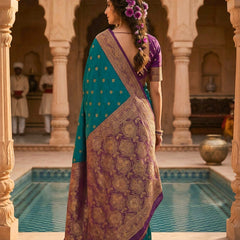 Women's Teal Green Woven Saree with Gold Zari Butti, Purple Border & Rich Designer Pallu
